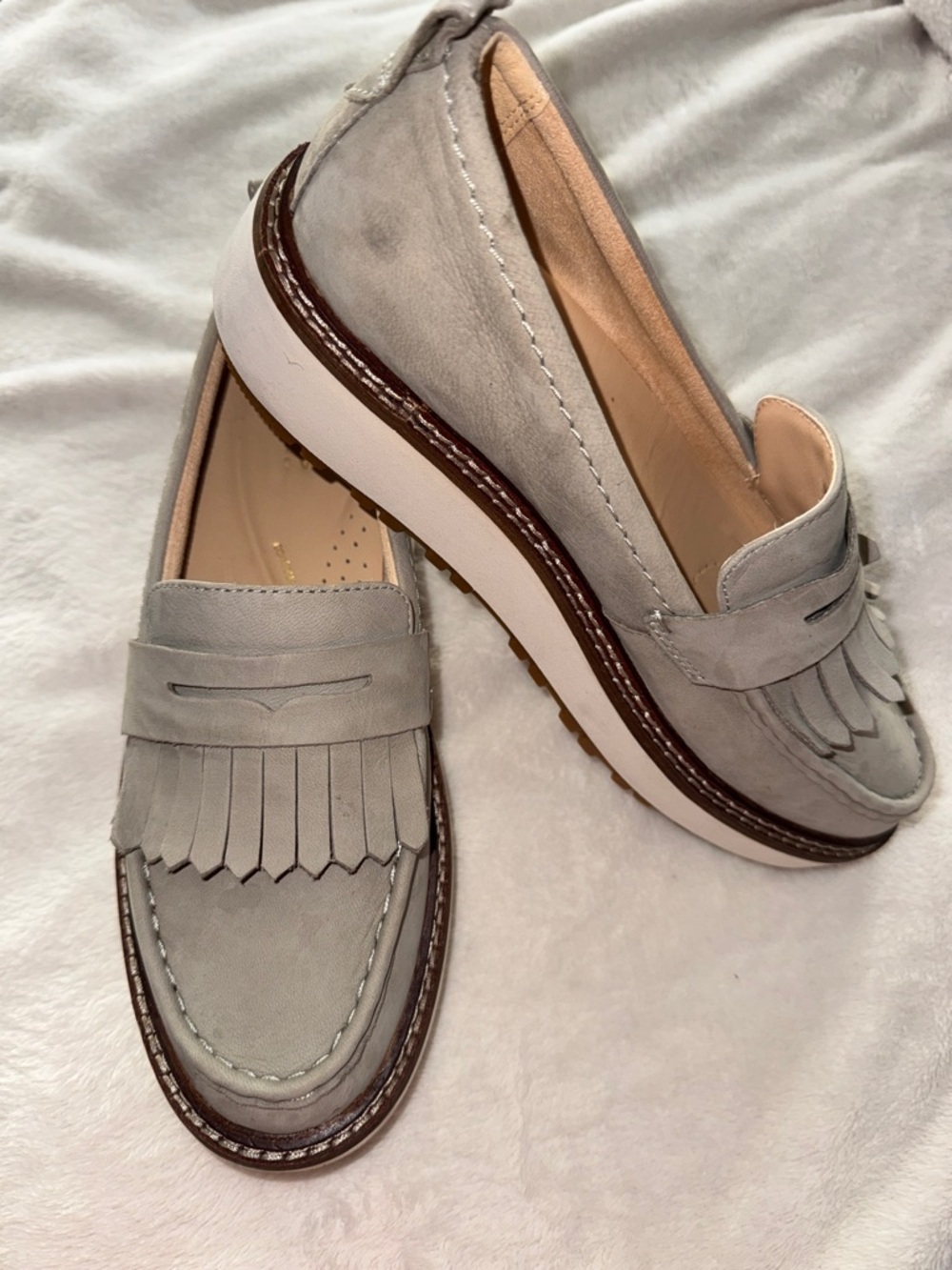 Clarks Light Gray Suede Fringe Penny Loafers for Women